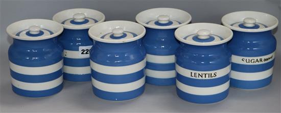 Six Cornishware storage jars H.12.5cm